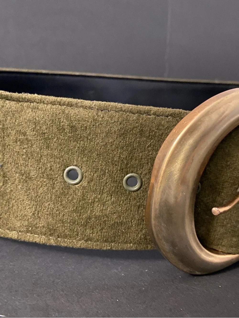 Vintage Chunky Green Leather Suede Belt with Large Copper Colored Buckle